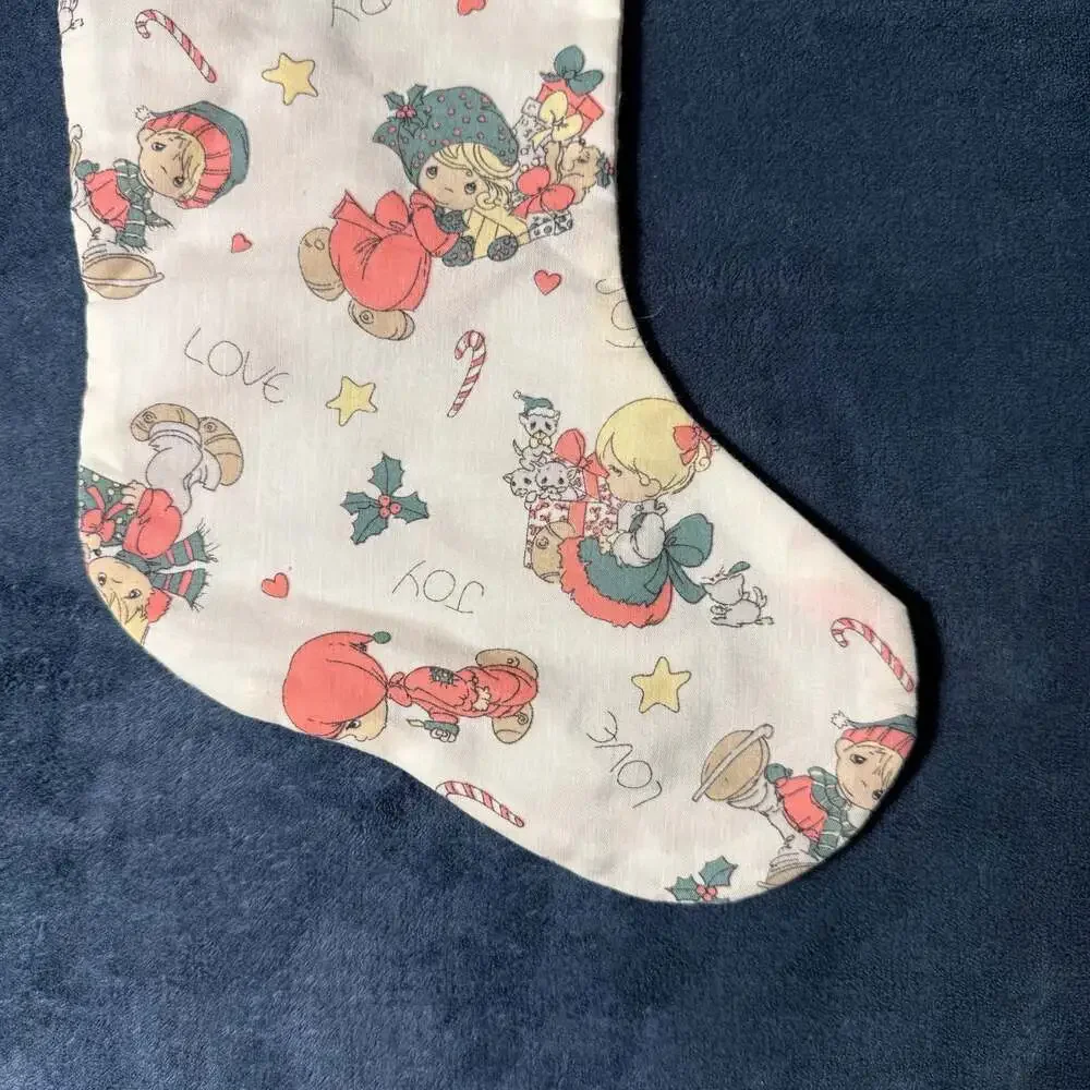 Vintage Precious Moments Quilted Christmas Stocking with Girl and Holiday Print
